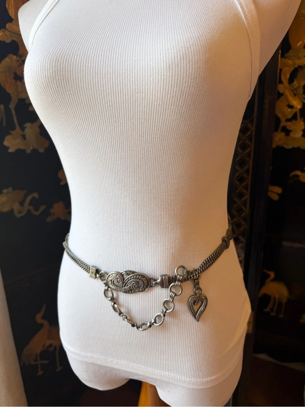 Vintage Silver-Tone Chain Waist Belt with Heart Pendant